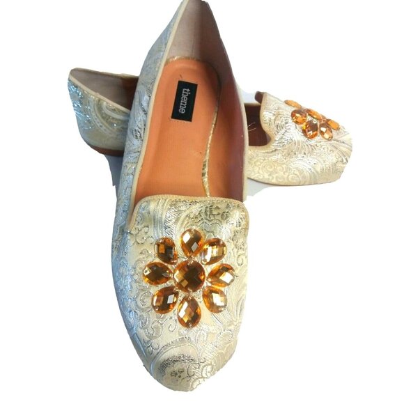 Elegant Slip-On Brocade Flats Slippers Ballet Size 8.5 Embellishment Gold Silver - Picture 1 of 10